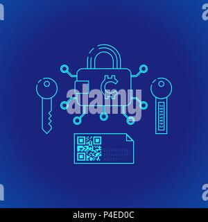 Vettore contorno ciano design cryptocurrency blockchain wallet principio di sicurezza Spiegare schema icona illustrazione isolato sfondo blu Illustrazione Vettoriale