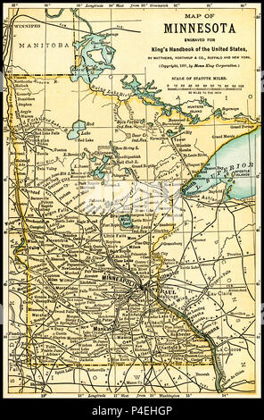 Minnesota mappa Antichi 1891: Mappa del Minnesota da un 1891 guida: "King's Hand-Book degli Stati Uniti". Data di pubblicazione: 1891. Mosè King (1853 1909) era un americano ed editore di libri di viaggio. Foto Stock