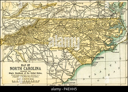 North Carolina mappa Antichi 1891: Mappa della Carolina del Nord da un 1891 guida: "King's Hand-Book degli Stati Uniti". Data di pubblicazione: 1891. Mosè King (1853 1909) era un americano ed editore di libri di viaggio. Foto Stock