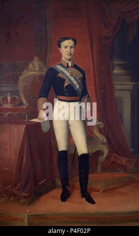 RETRATO DE ALFONSO XII-1876-CON UNIFORME DE capitan generale,TOISON DE ORO Y BANDA DE LA ORDEN CARLOS. Autore: Germán Hernández Amores (1823-1894). Posizione: Ministerio de Hacienda-COLECCION, MADRID, Spagna. Foto Stock