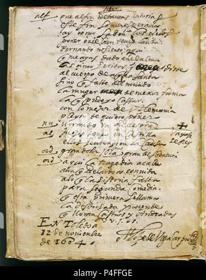 ULTIMA PAGINA DEL MANUSCRITO ORIGINAL DE ESTEFANIA LA DESDICHADA- 1604. Autore: Félix Lope de Vega (1562-1635). Posizione: Academia de la Lengua-COLECCION, MADRID, Spagna. Foto Stock