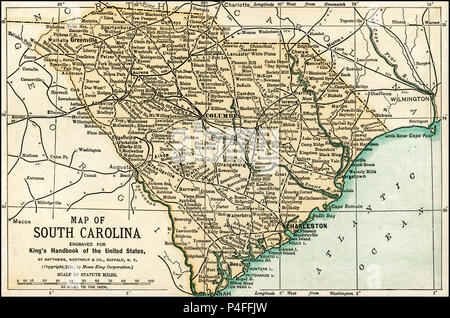 Mappa di Carolina del Sud da un 1891 guida: "King's Hand-Book degli Stati Uniti". Data di pubblicazione: 1891. Mosè King (1853 1909) era un americano ed editore di libri di viaggio. Foto Stock