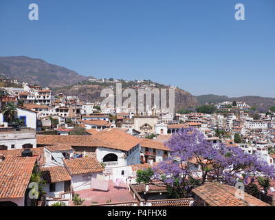 Paesaggio urbano impressionanti paesaggi della storica città di Taxco in Messico con alberi di jacaranda e cielo blu chiaro nel 2018 caldo e soleggiato giorno d'inverno, America del Nord Foto Stock