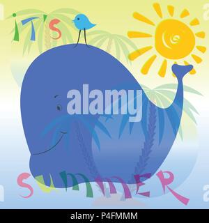 Balena e uccellino estate illustrazione Illustrazione Vettoriale