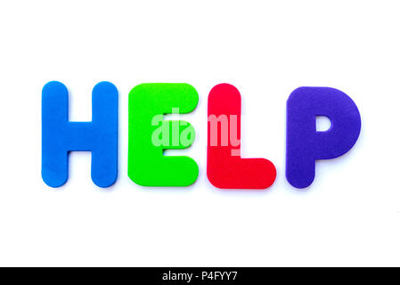 La parola help farro in multi-colore di lettere. Foto Stock