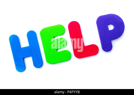La parola help farro in multi-colore di lettere. Foto Stock