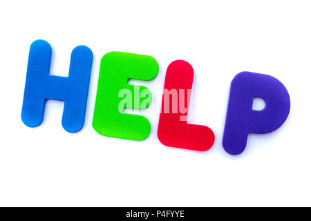 La parola help farro in multi-colore di lettere. Foto Stock