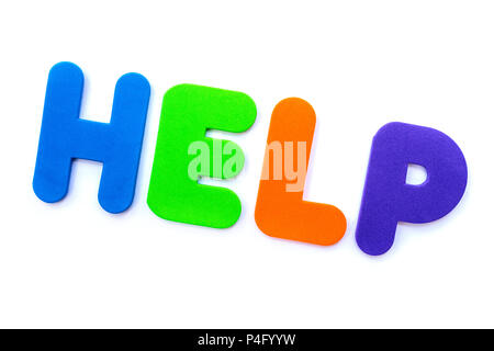 La parola help farro in multi-colore di lettere. Foto Stock