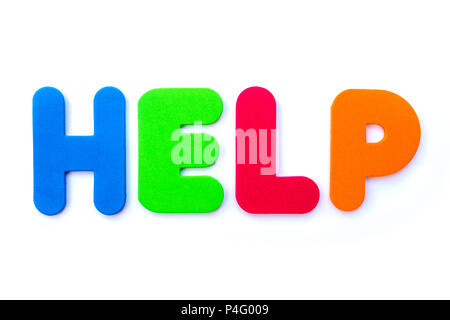 La parola help farro in multi-colore di lettere. Foto Stock