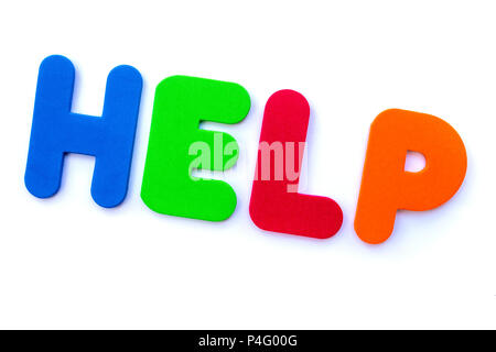La parola help farro in multi-colore di lettere. Foto Stock