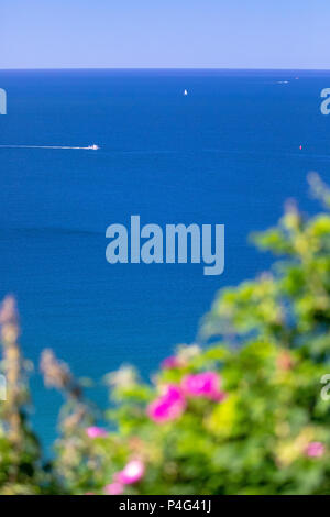 Una barca accelerando tra l azzurro del mare a Whitsand Bay, Cornwall in hote meteo in estate Foto Stock