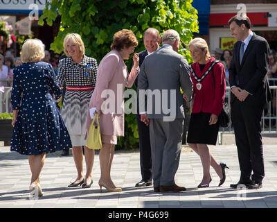 Salisbury, Wiltshire, Regno Unito, 22 giugno 2018. S.a.r. il principe Charles, Principe di Galles e Camilla, duchessa di Cornovaglia soddisfare dignitari in visita a Salisbury. La coppia reale della visita è quello di sostenere la città di recupero nel caso in cui il numero di visitatori sono caduti e le imprese subito dopo l'agente nervino attacco nel marzo 2018. Foto Stock