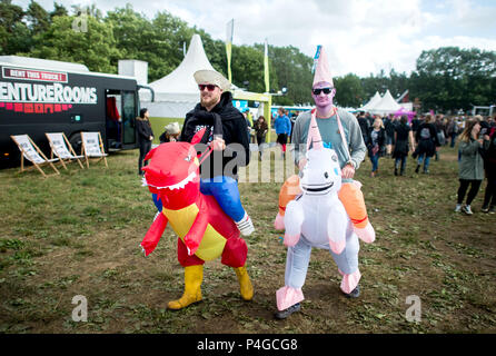 22 giugno 2018, Germania, Scheeßel: Philip (L) e Alexander a piedi con i loro costumi su Hurricane Festival di massa. 65.000 visitatori partecipare alla Open Air Festival dal 22 fino al 24 di giugno. Foto: Hauke-Christian Dittrich/dpa Foto Stock