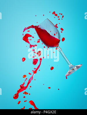 Abstract spruzzata di vino rosso in vetro su uno sfondo blu vicino. Foto Stock