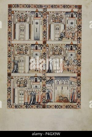 MS B.R.20 - CANTIGA DE SANTA MARIA - Nº294 - F20R -JUGADORA QUE ARROJA N.A. PIEDRA A LA VIRGEN Y ANGELO DELLE NAZIONI UNITE LA PARA - SIGLO XIII. Autore: Alfonso X di Castiglia il Saggio (1221-1284). Posizione: Biblioteca Nacional COLECCIÓN, Florenz, Italia. Foto Stock