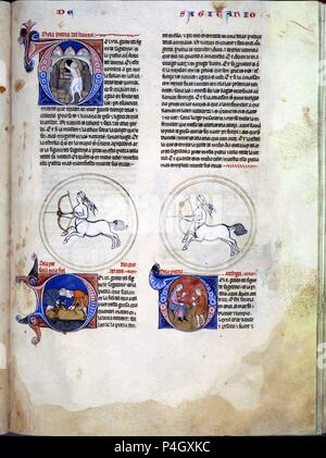 LAPIDARIO HI 15. FOLIO 69 R. SIGNO DEL ZODIACO SAGITARIO 1253.MANUSCRITO ALFONSI - SIGLO XIII. Autore: Alfonso X di Castiglia il Saggio (1221-1284). Posizione: MONASTERIO-BIBLIOTECA-COLECCION, San Lorenzo del El Escorial, Madrid, Spagna. Foto Stock