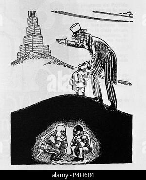 CARICATURA IRONIZANDO EL PAPEL DE ESTADOS UNIDOS Y LA ONU EN la apertura del regime franchista en los años 50. Posizione: Fundacion Pablo Iglesias, MADRID, Spagna. Foto Stock