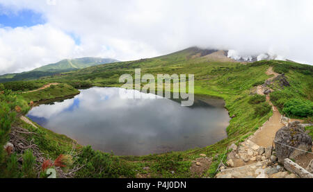 Le bocchette di gas lungo un sentiero accanto al cratere vulcanico stagno sul Monte Asahi in Hokkaido, Giappone Foto Stock