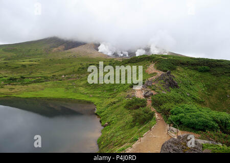 Lo sporco stretto sentiero di fori per la fuoriuscita del vapore su Asahidake, un vulcano attivo in Hokkaido, Giappone Foto Stock