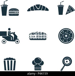 Un fast food set di icone. Icona di popcorn, croissant icona icona di pizza e di più. Qualità Premium collezione di simboli. Un fast food icon set di elementi semplici. Illustrazione Vettoriale