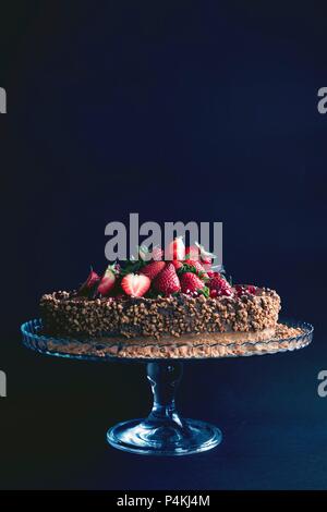 Una torta al cioccolato guarnita con le fragole, i semi di melograno e dadi Foto Stock