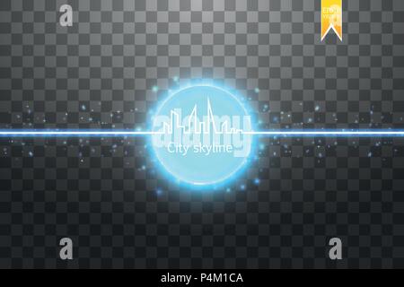 Rappresentazione in linea continua di Big city skyline con neon effetto del vettore Illustrazione Vettoriale