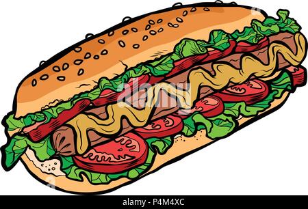 Hot Dog isolati su sfondo bianco. La Pop art retrò illustrazione vettoriale kitsch disegno vintage Illustrazione Vettoriale