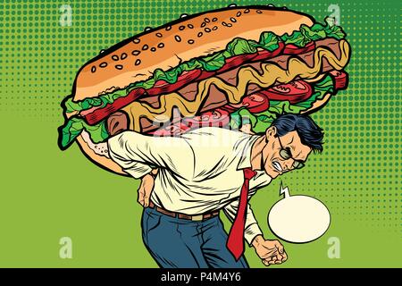 L'uomo porta un enorme hot dog salsiccia con insalata. La Pop art retrò illustrazione vettoriale vintage kitsch disegno Illustrazione Vettoriale