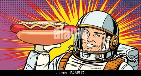 Sorridente astronauta maschio presenta hot dog. La Pop art retrò illustrazione vettoriale vintage kitsch disegno Illustrazione Vettoriale