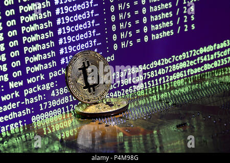 Due bitcoins giace su una superficie videocard con sfondo di schermo di cryptocurrency mining utilizzando le GPU . Foto Stock