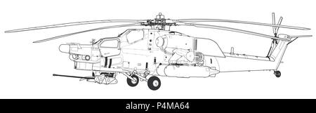 Il russo Air Force Mil Mi 28 Havoc attacco militare elicottero da combattimento in camuffamento battenti dettaglio esterno ampia vista aerea Illustrazione Vettoriale