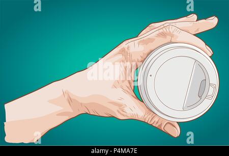 Mano bozzetto di una mano che tiene la carta tazza di caffè Illustrazione Vettoriale