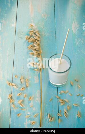 Un bicchiere di latte di avena con spighe di avena Foto Stock