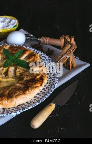La torta di mele su una piastra con cannella, uova e zucchero a velo in background Foto Stock
