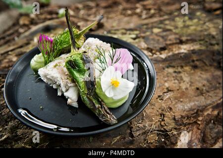 Un filetto di pesce con peperoncino grigliato servito con fiori su una piastra di campeggio Foto Stock