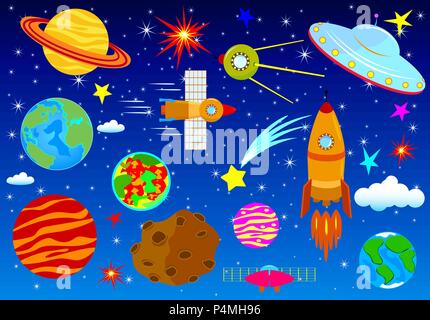Un insieme di elementi astronomici contro lo sfondo della notte il cielo stellato. Spazio impostata. Gli elementi sul tema dello spazio. Illustrazione Vettoriale