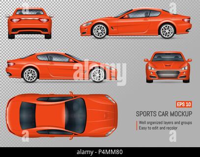 Auto sportiva vettore mockup. Modello di isolato di supercar su sfondo trasparente per veicolo branding, corporate identity. Illustrazione Vettoriale