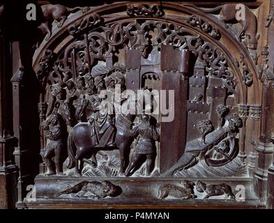 SILLERIA BAJA DE LA CATEDRAL DE TOLEDO - TOMA DEL REINO DE GRANADA - 1489-1495 - GOTICO ESPAÑOL. Autore: Rodrigo Alemán (1470-1542). Posizione: CATEDRAL-CORO BAJO, TOLEDO, Spagna. Foto Stock