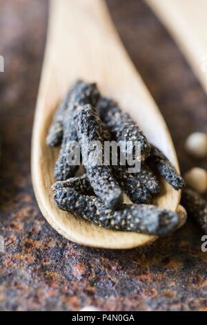 Pepe di cioccolato su un cucchiaio di legno (close-up) Foto Stock