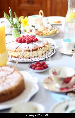Un partito tabella con vari tipi di torte e dolci Foto Stock