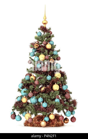 Studio shot di un albero di Natale con ornamenti colorati, isolato su sfondo bianco, vintage colore colore seppia Foto Stock