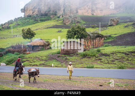 Uomo a cavallo con asino in Bale Mountains National Park, Etiopia Foto Stock