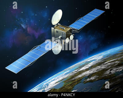La comunicazione moderna tv fluttuante nello spazio vicino alla terra. 3D'illustrazione. Foto Stock