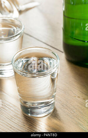 Chiara alcolica distillata Soju coreana in un colpo di vetro Foto Stock