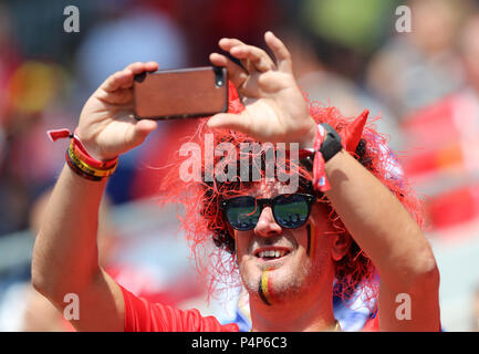 Mosca, Russia. Il 23 giugno, 2018. Una ventola del Belgio reagisce prima del 2018 della Coppa del Mondo FIFA Gruppo G match tra il Belgio e la Tunisia a Mosca, in Russia, 23 giugno 2018. Credito: Yang Lei/Xinhua/Alamy Live News Foto Stock