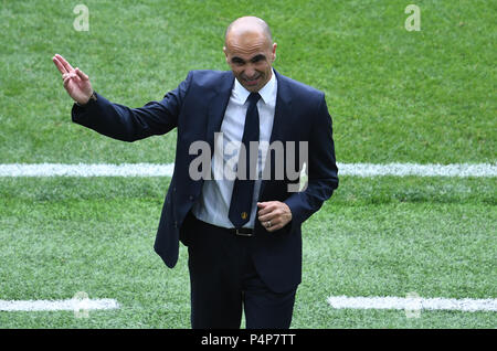 Mosca, Russia. Il 23 giugno, 2018. Calcio: Coppa del Mondo FIFA, gruppo G, seconda giornata, Belgio vs Tunisia a Spartak Stadium: Pullman Roberto Martinez Montoliu dal Belgio sorge ai margini. Credito: Federico Gambarini/dpa/Alamy Live News Foto Stock