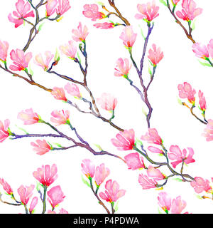 Rosa rami di magnolia, seamless pattern design dipinte a mano illustrazione ad acquerello Foto Stock