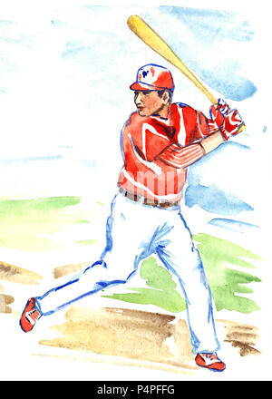 Atleta giocatore di baseball (pastella o hitter) è in attesa di colpire con baseball bat sul campo su una soleggiata giornata estiva, dipinte a mano illustrazione ad acquerello Foto Stock