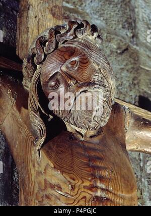 DETALLE DE LA CABEZA DEL CRISTO DE LEYRE - SIGLO XIV. Posizione: Monasterio de San Salvador, LEYRE, Navarra, Spagna. Foto Stock