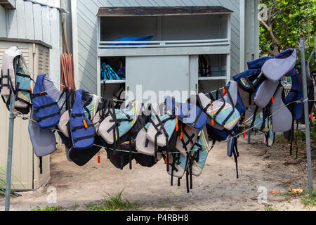 Giubbotti di salvataggio appesa sulla linea di abbigliamento, blu e marrone - Dania Beach, Florida, Stati Uniti d'America Foto Stock